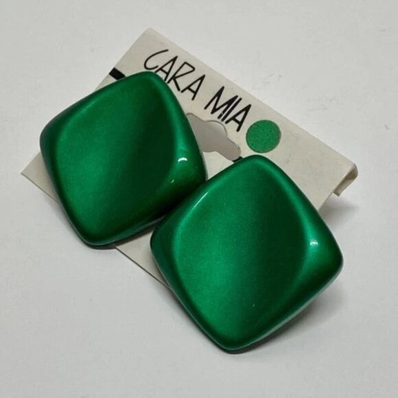 Cara Mia Vintage Earrings Green Polished Acrylic Squares Stud Post 1980's NWT - Picture 2 of 7